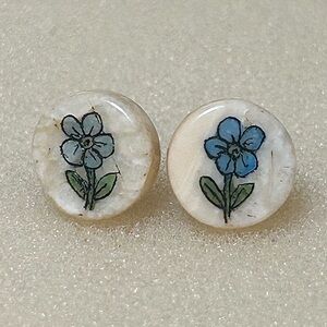 Vintage Blue Flower Engraved on Beige Stud Earrings